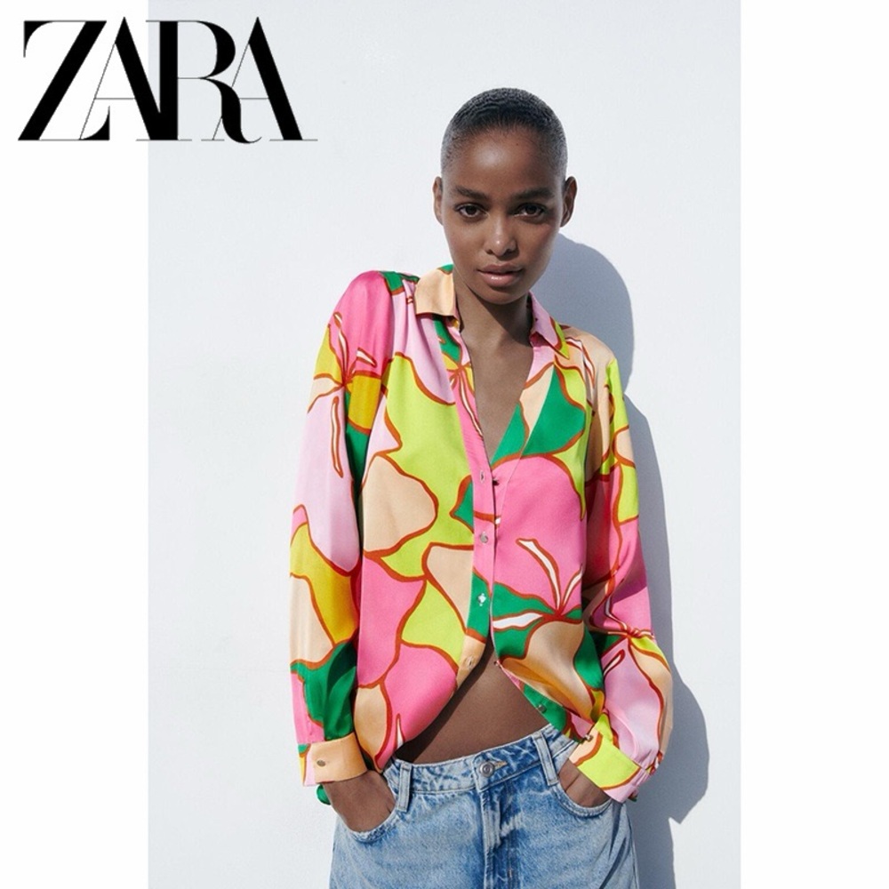 Zara Satin Floral Button Up Top, SIZE M